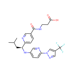 CC(C)C[C@H](Nc1ccc(-n2cc(C(F)(F)F)cn2)nc1)c1ccc(C(=O)NCCC(=O)O)cn1 ZINC000169684860