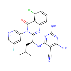 CC(C)C[C@H](Nc1nc(N)nc(N)c1C#N)c1nc2cccc(Cl)c2c(=O)n1-c1cncc(F)c1 ZINC000220861494