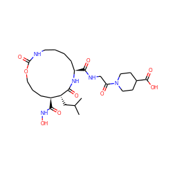 CC(C)C[C@H]1C(=O)N[C@H](C(=O)NCC(=O)N2CCC(C(=O)O)CC2)CCCCNC(=O)OCCC[C@@H]1C(=O)NO ZINC000026580310