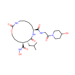 CC(C)C[C@H]1C(=O)N[C@H](C(=O)NCC(=O)N2CCC(O)CC2)CCCCNC(=O)OCCC[C@@H]1C(=O)NO ZINC000026580312