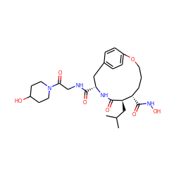 CC(C)C[C@H]1C(=O)N[C@H](C(=O)NCC(=O)N2CCC(O)CC2)Cc2ccc(cc2)OCCC[C@@H]1C(=O)NO ZINC000026579242