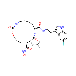 CC(C)C[C@H]1C(=O)N[C@H](C(=O)NCCc2c[nH]c3ccc(F)cc23)CCCCNC(=O)OCCC[C@@H]1C(=O)NO ZINC000026579780