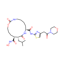 CC(C)C[C@H]1C(=O)N[C@H](C(=O)Nc2nc(CC(=O)N3CCOCC3)cs2)CCCCNC(=O)OCCC[C@@H]1C(=O)NO ZINC000026578439