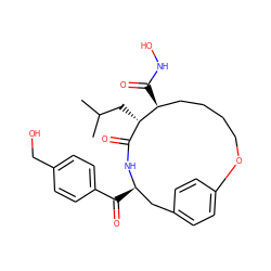 CC(C)C[C@H]1C(=O)N[C@H](C(=O)c2ccc(CO)cc2)Cc2ccc(cc2)OCCCC[C@@H]1C(=O)NO ZINC000026978904