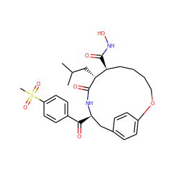 CC(C)C[C@H]1C(=O)N[C@H](C(=O)c2ccc(S(C)(=O)=O)cc2)Cc2ccc(cc2)OCCCC[C@@H]1C(=O)NO ZINC000026976643