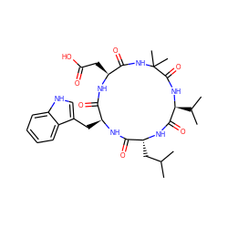CC(C)C[C@H]1NC(=O)[C@H](C(C)C)NC(=O)C(C)(C)NC(=O)[C@H](CC(=O)O)NC(=O)[C@H](Cc2c[nH]c3ccccc23)NC1=O ZINC000027431300