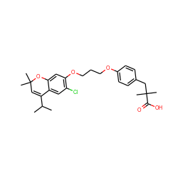 CC(C)C1=CC(C)(C)Oc2cc(OCCCOc3ccc(CC(C)(C)C(=O)O)cc3)c(Cl)cc21 ZINC000071294795