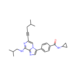 CC(C)CC#Cc1cn2c(-c3ccc(C(=O)NC4CC4)cc3)cnc2c(NCC(C)C)n1 ZINC000199118169