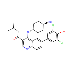 CC(C)CC(=O)c1cnc2ccc(-c3cc(Cl)c(O)c(Cl)c3)cc2c1N[C@H]1CC[C@H](N)CC1 ZINC000473200875