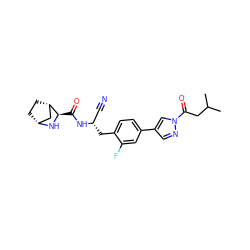 CC(C)CC(=O)n1cc(-c2ccc(C[C@@H](C#N)NC(=O)[C@H]3N[C@@H]4CC[C@H]3C4)c(F)c2)cn1 ZINC000220832768