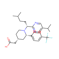 CC(C)CC[C@H](c1ncc(C(C)C)cn1)N1CC[C@@H](CC(=O)O)C[C@H]1c1ccc(C(F)(F)F)cc1 ZINC000045355755