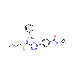 CC(C)CC[S@+]([O-])c1nc(-c2ccccc2)cn2c(-c3ccc(C(=O)NC4CC4)cc3)cnc12 ZINC000118748458