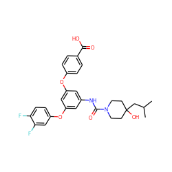 CC(C)CC1(O)CCN(C(=O)Nc2cc(Oc3ccc(C(=O)O)cc3)cc(Oc3ccc(F)c(F)c3)c2)CC1 ZINC000653706022