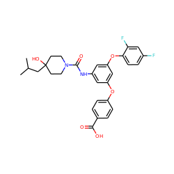 CC(C)CC1(O)CCN(C(=O)Nc2cc(Oc3ccc(C(=O)O)cc3)cc(Oc3ccc(F)cc3F)c2)CC1 ZINC000224427552