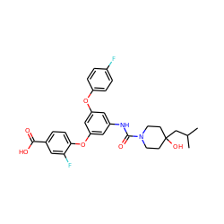 CC(C)CC1(O)CCN(C(=O)Nc2cc(Oc3ccc(F)cc3)cc(Oc3ccc(C(=O)O)cc3F)c2)CC1 ZINC000224436947