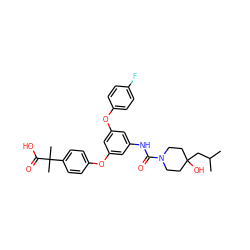 CC(C)CC1(O)CCN(C(=O)Nc2cc(Oc3ccc(F)cc3)cc(Oc3ccc(C(C)(C)C(=O)O)cc3)c2)CC1 ZINC000205283233