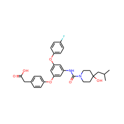 CC(C)CC1(O)CCN(C(=O)Nc2cc(Oc3ccc(F)cc3)cc(Oc3ccc(CC(=O)O)cc3)c2)CC1 ZINC000224430284