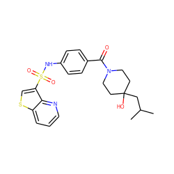 CC(C)CC1(O)CCN(C(=O)c2ccc(NS(=O)(=O)c3csc4cccnc34)cc2)CC1 ZINC000221276549