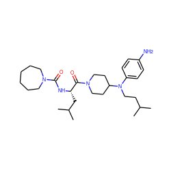 CC(C)CCN(c1ccc(N)cc1)C1CCN(C(=O)[C@H](CC(C)C)NC(=O)N2CCCCCC2)CC1 ZINC000026497569