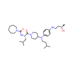 CC(C)CCN(c1ccc(NCC[C@@H](C)O)cc1)C1CCN(C(=O)[C@H](CC(C)C)NC(=O)N2CCCCCC2)CC1 ZINC000026498930