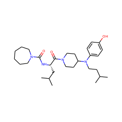 CC(C)CCN(c1ccc(O)cc1)C1CCN(C(=O)[C@H](CC(C)C)NC(=O)N2CCCCCC2)CC1 ZINC000026500903