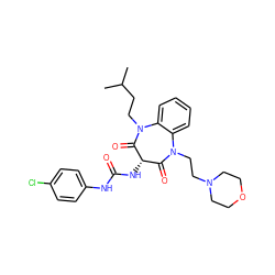 CC(C)CCN1C(=O)[C@@H](NC(=O)Nc2ccc(Cl)cc2)C(=O)N(CCN2CCOCC2)c2ccccc21 ZINC000040721400