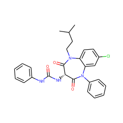 CC(C)CCN1C(=O)[C@@H](NC(=O)Nc2ccccc2)C(=O)N(c2ccccc2)c2cc(Cl)ccc21 ZINC000100863884