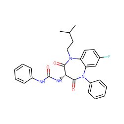 CC(C)CCN1C(=O)[C@@H](NC(=O)Nc2ccccc2)C(=O)N(c2ccccc2)c2cc(F)ccc21 ZINC000101268667