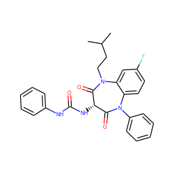 CC(C)CCN1C(=O)[C@@H](NC(=O)Nc2ccccc2)C(=O)N(c2ccccc2)c2ccc(F)cc21 ZINC000101265056