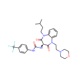 CC(C)CCN1C(=O)[C@H](NC(=O)Nc2ccc(C(F)(F)F)cc2)C(=O)N(CCN2CCOCC2)c2ccccc21 ZINC000014286653