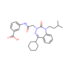 CC(C)CCN1C(=O)N(CC(=O)Nc2cccc(C(=O)O)c2)N=C(C2CCCCC2)c2ccccc21 ZINC000028655787