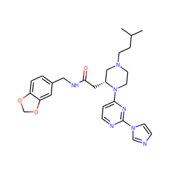 CC(C)CCN1CCN(c2ccnc(-n3ccnc3)n2)[C@H](CC(=O)NCc2ccc3c(c2)OCO3)C1 ZINC000035270690