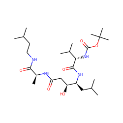 CC(C)CCNC(=O)[C@H](C)NC(=O)C[C@H](O)[C@H](CC(C)C)NC(=O)[C@@H](NC(=O)OC(C)(C)C)C(C)C ZINC000027880339