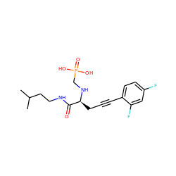 CC(C)CCNC(=O)[C@H](CC#Cc1ccc(F)cc1F)NCP(=O)(O)O ZINC000013779391