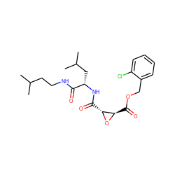 CC(C)CCNC(=O)[C@H](CC(C)C)NC(=O)[C@H]1O[C@@H]1C(=O)OCc1ccccc1Cl ZINC000013650619