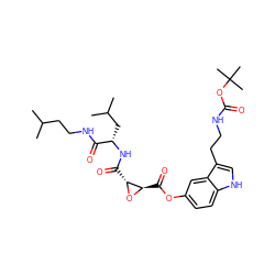 CC(C)CCNC(=O)[C@H](CC(C)C)NC(=O)[C@H]1O[C@@H]1C(=O)Oc1ccc2[nH]cc(CCNC(=O)OC(C)(C)C)c2c1 ZINC000026170794