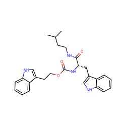 CC(C)CCNC(=O)[C@H](Cc1c[nH]c2ccccc12)NC(=O)OCCc1c[nH]c2ccccc12 ZINC000026143957