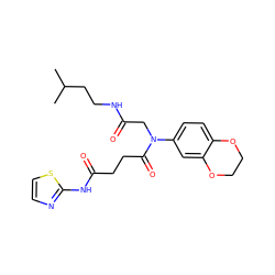 CC(C)CCNC(=O)CN(C(=O)CCC(=O)Nc1nccs1)c1ccc2c(c1)OCCO2 ZINC000013501928