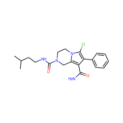 CC(C)CCNC(=O)N1CCn2c(Cl)c(-c3ccccc3)c(C(N)=O)c2C1 ZINC000223388530