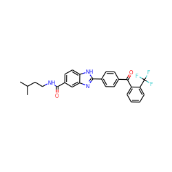 CC(C)CCNC(=O)c1ccc2[nH]c(-c3ccc(C(=O)c4ccccc4C(F)(F)F)cc3)nc2c1 ZINC000095591440