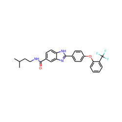 CC(C)CCNC(=O)c1ccc2[nH]c(-c3ccc(Oc4ccccc4C(F)(F)F)cc3)nc2c1 ZINC000095588015