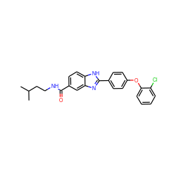 CC(C)CCNC(=O)c1ccc2[nH]c(-c3ccc(Oc4ccccc4Cl)cc3)nc2c1 ZINC000059032051