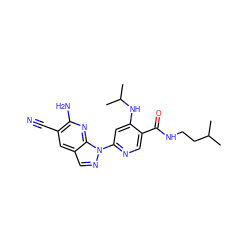 CC(C)CCNC(=O)c1cnc(-n2ncc3cc(C#N)c(N)nc32)cc1NC(C)C ZINC001772570429