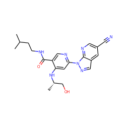 CC(C)CCNC(=O)c1cnc(-n2ncc3cc(C#N)cnc32)cc1N[C@@H](C)CO ZINC001772647008