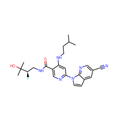 CC(C)CCNc1cc(-n2ccc3cc(C#N)cnc32)ncc1C(=O)NC[C@@H](F)C(C)(C)O ZINC001772615828