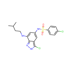 CC(C)CCNc1cc(NS(=O)(=O)c2ccc(Cl)cc2)cc2c(Cl)[nH]nc12 ZINC000013531367