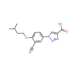 CC(C)CCOc1ccc(-n2cc(C(=O)O)nn2)cc1C#N ZINC001772630670