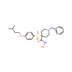 CC(C)CCOc1ccc(S(=O)(=O)C2(C(=O)NO)CCN(Cc3ccccc3)CC2)cc1 ZINC000013521097