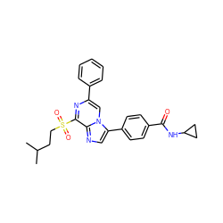 CC(C)CCS(=O)(=O)c1nc(-c2ccccc2)cn2c(-c3ccc(C(=O)NC4CC4)cc3)cnc12 ZINC000072316963