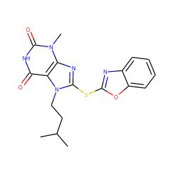 CC(C)CCn1c(Sc2nc3ccccc3o2)nc2c1c(=O)[nH]c(=O)n2C ZINC000003037948